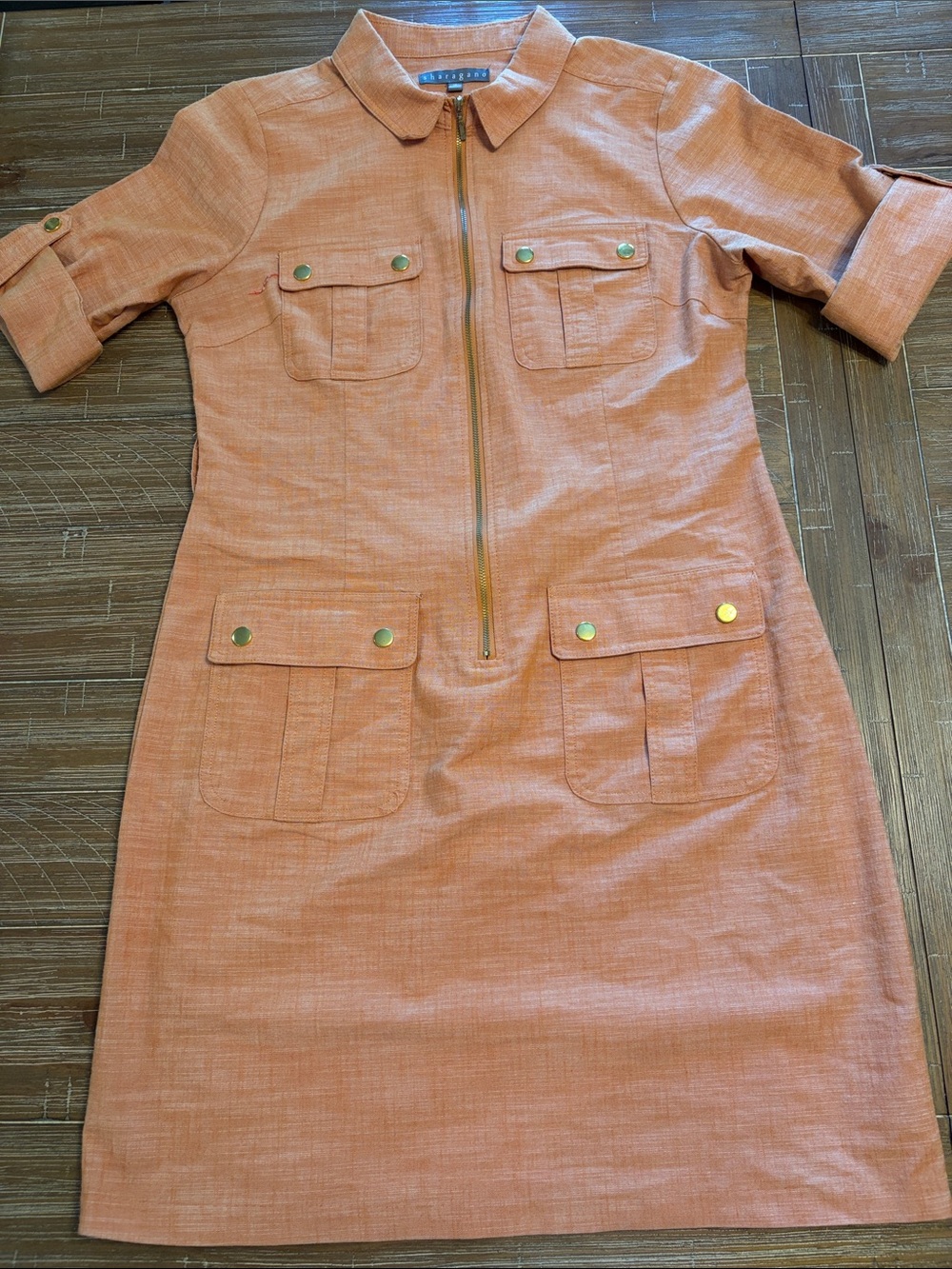 Sharagano Peach Utility Dress with Gold-Tone Details